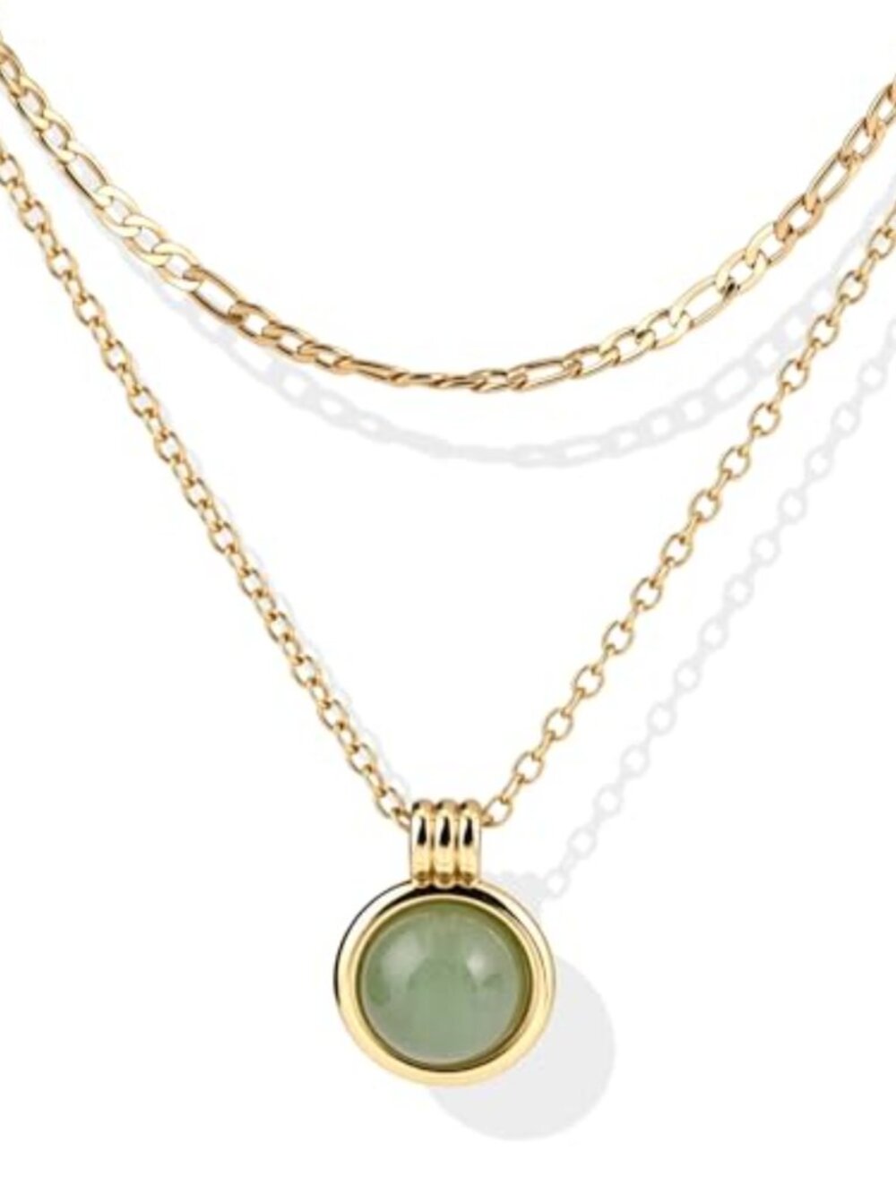 14K Gold Plated Layered Figaro Chain Jade Pendant Necklace